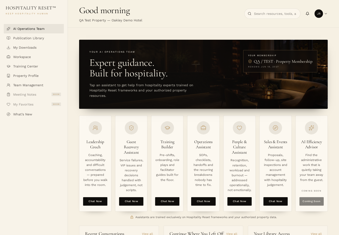 Hospitality Reset Member Dashboard — managerial workspace for hotel leaders